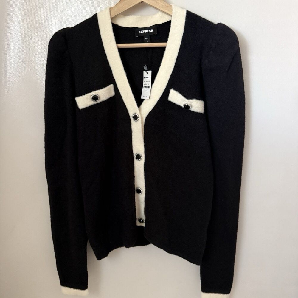 New Express $128 Black Rhinestone Button Puff Sleeve Elegant Cardigan Medium